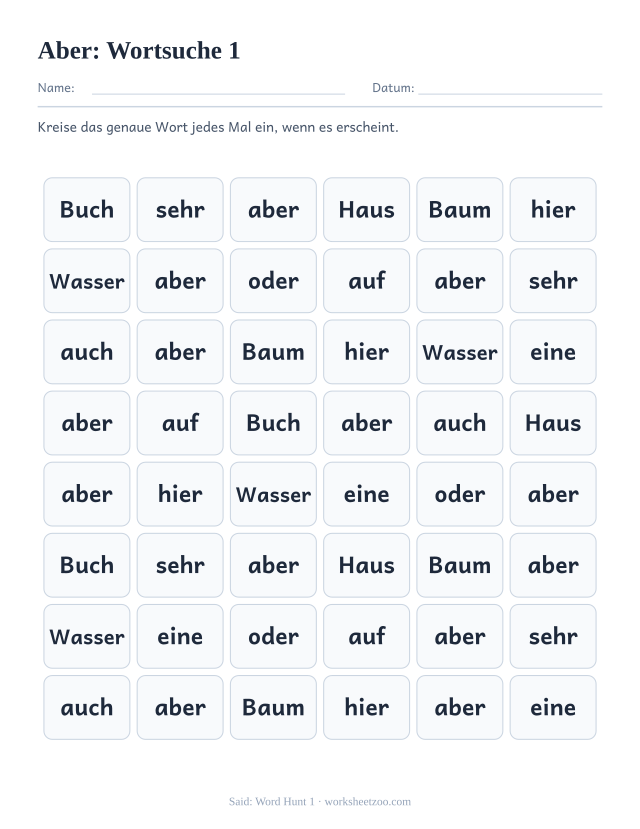 Vorschau: häufiges Wort „aber“, Wortsuche 1