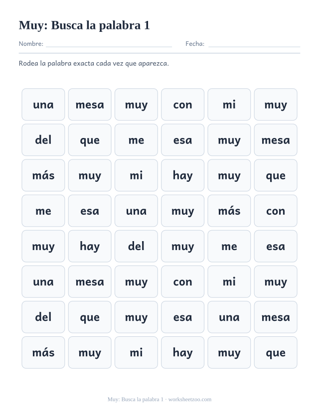 Ficha de la palabra frecuente «muy», busca la palabra 1 para imprimir