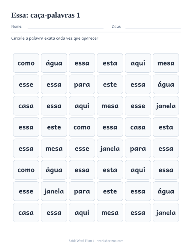 Prévia da palavra frequente “essa”, caça-palavras 1