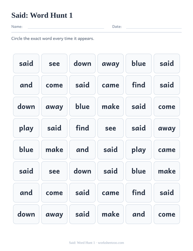 Sight word “said” worksheet, word hunt 1 printable activity