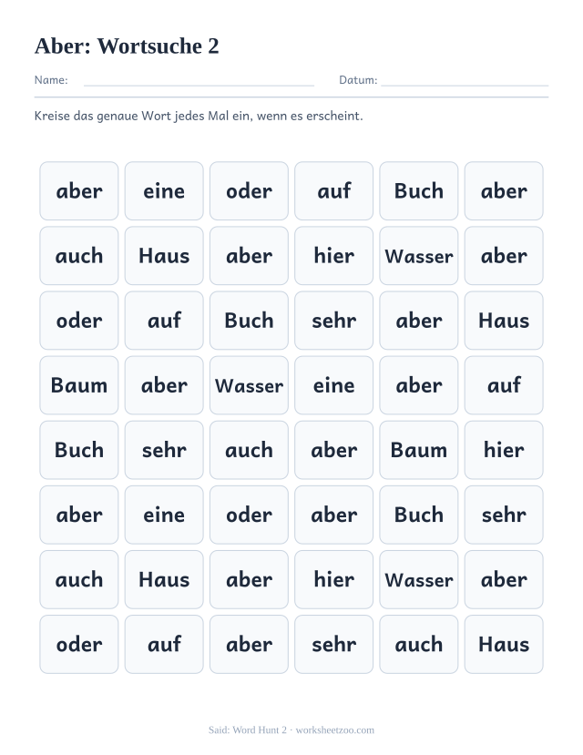 Vorschau: häufiges Wort „aber“, Wortsuche 2