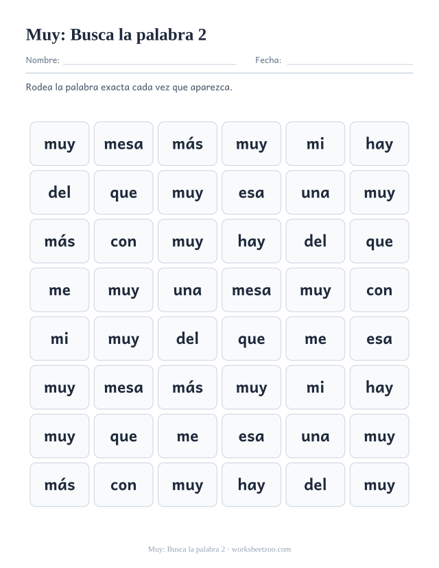Ficha de la palabra frecuente «muy», busca la palabra 2 para imprimir