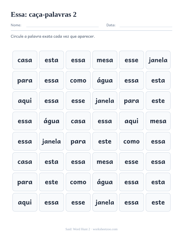 Prévia da palavra frequente “essa”, caça-palavras 2