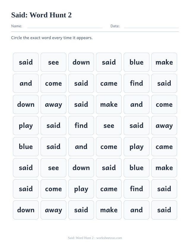 Sight word “said” worksheet, word hunt 2 printable activity