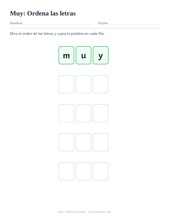Ficha de la palabra frecuente «muy», ordena las letras para imprimir