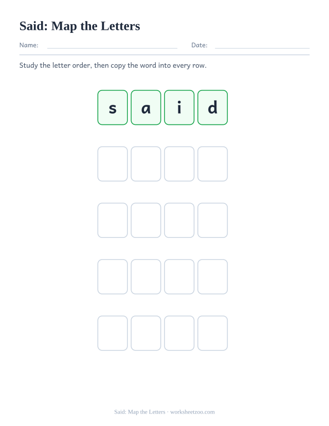 Sight word “said” worksheet, map the letters printable activity
