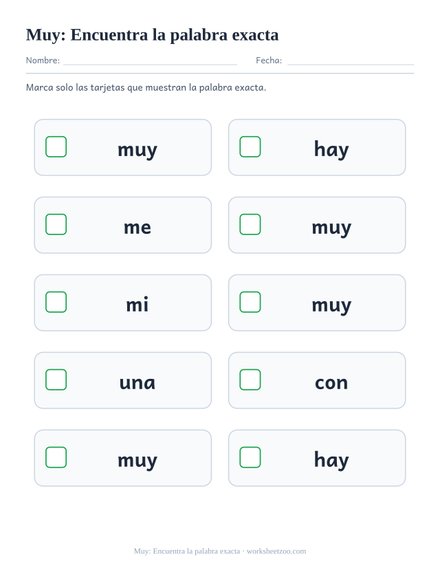 Ficha de la palabra frecuente «muy», encuentra la palabra exacta para imprimir