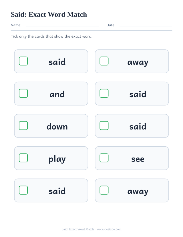 Sight word “said” worksheet, exact word match printable activity