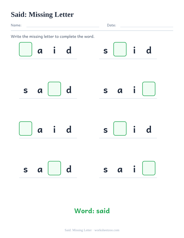 Sight word “said” worksheet, missing letter printable activity