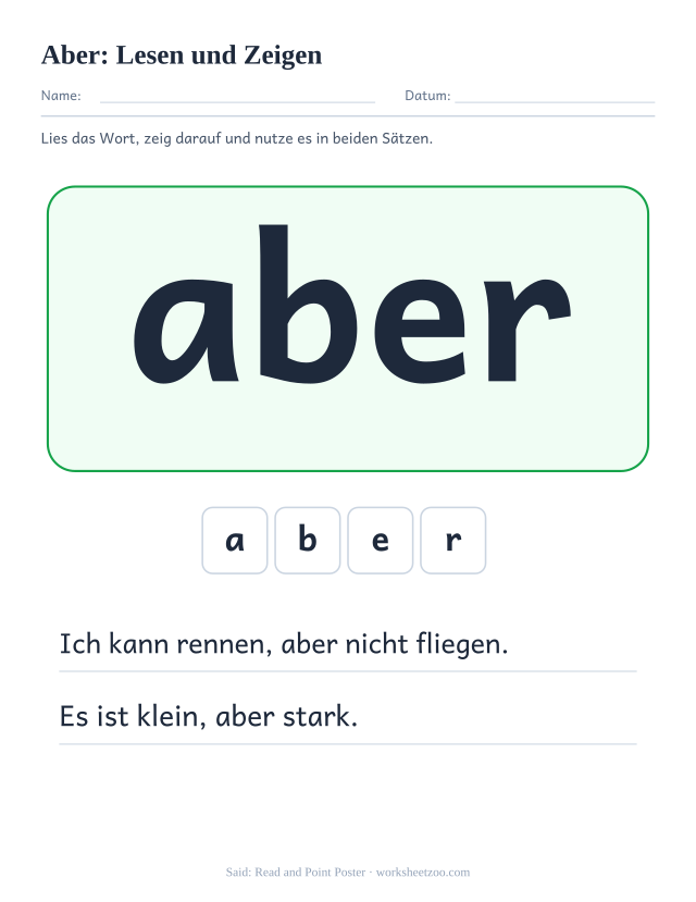 Vorschau: häufiges Wort „aber“, Lesen und Zeigen