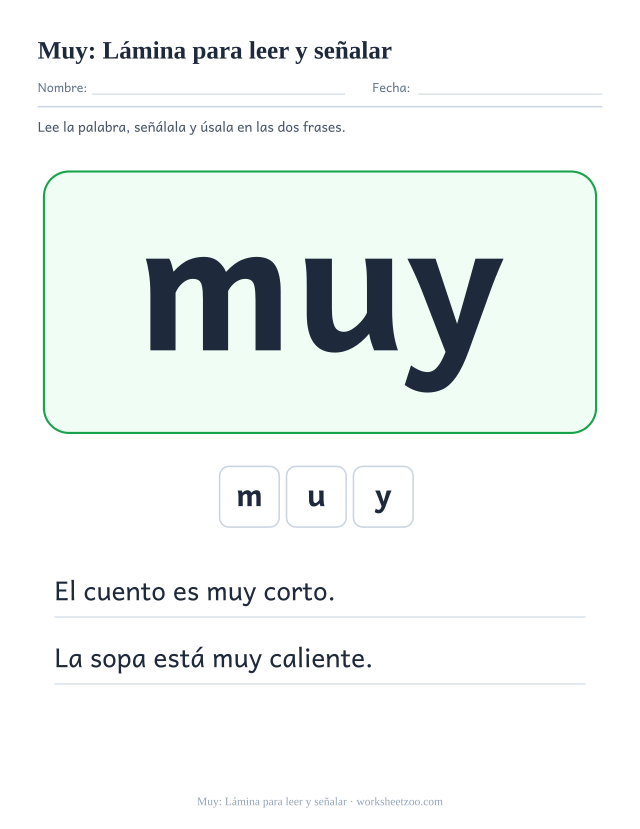 Ficha de la palabra frecuente «muy», lámina para leer y señalar para imprimir