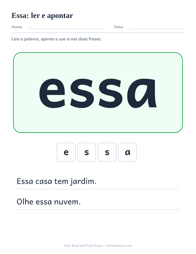Prévia da palavra frequente “essa”, ler e apontar