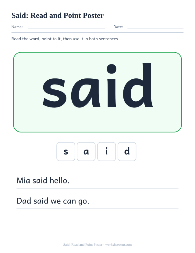 Sight word “said” worksheet, read and point poster printable activity