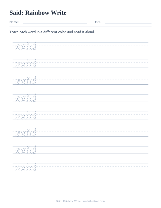 Sight word “said” worksheet, rainbow write printable activity