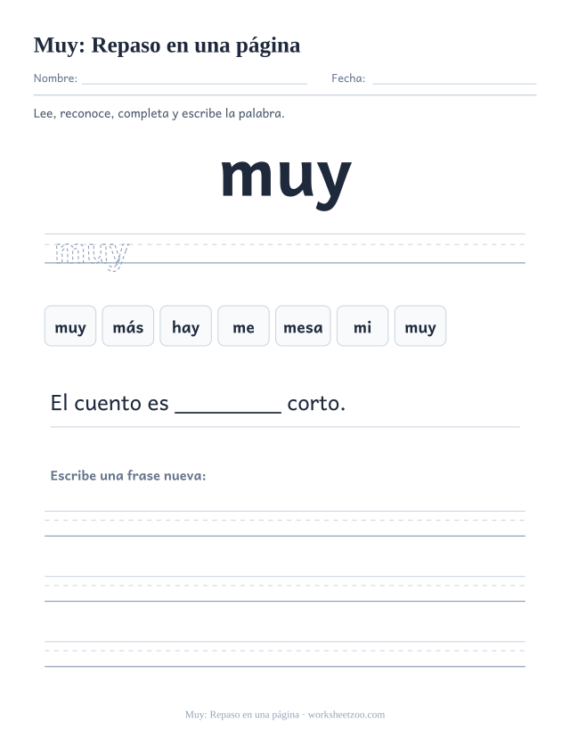 Ficha de la palabra frecuente «muy», repaso en una página para imprimir