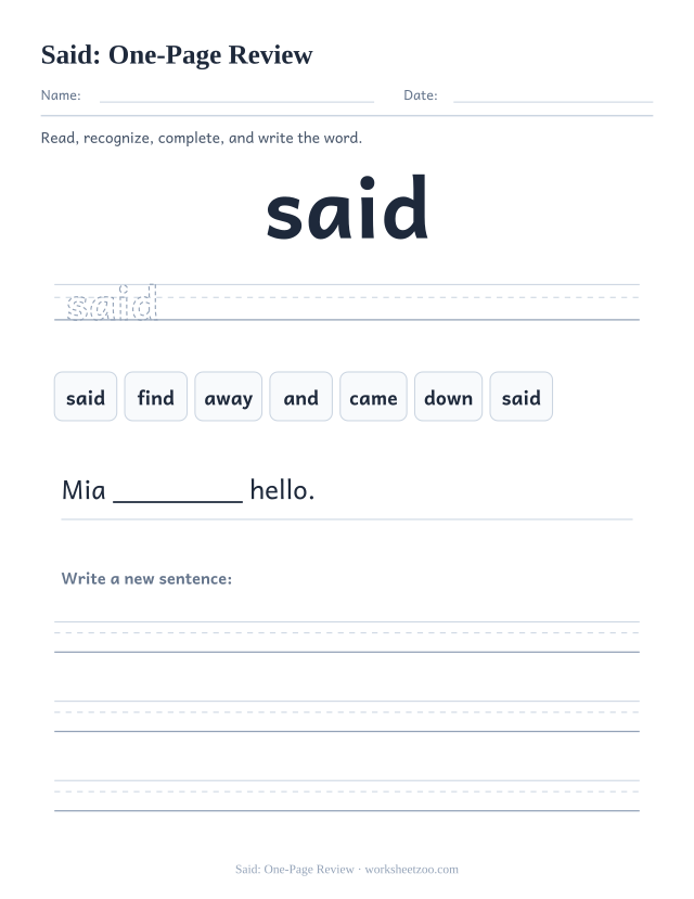 Sight word “said” worksheet, one-page review printable activity