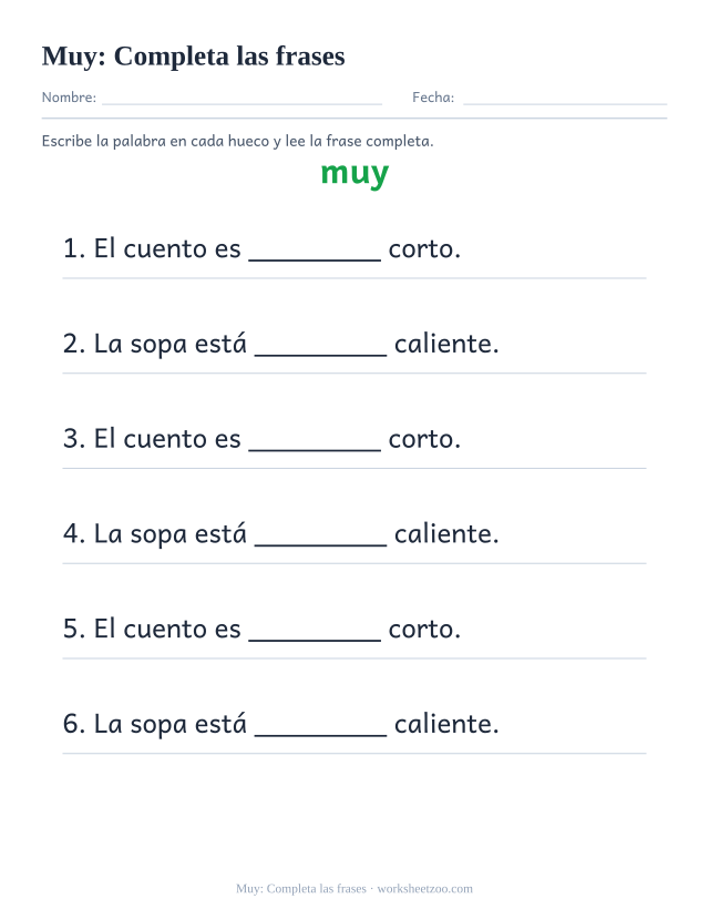 Ficha de la palabra frecuente «muy», completa las frases para imprimir