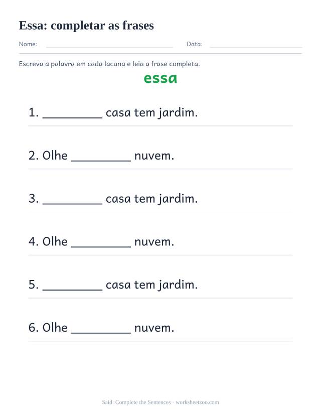 Prévia da palavra frequente “essa”, completar as frases