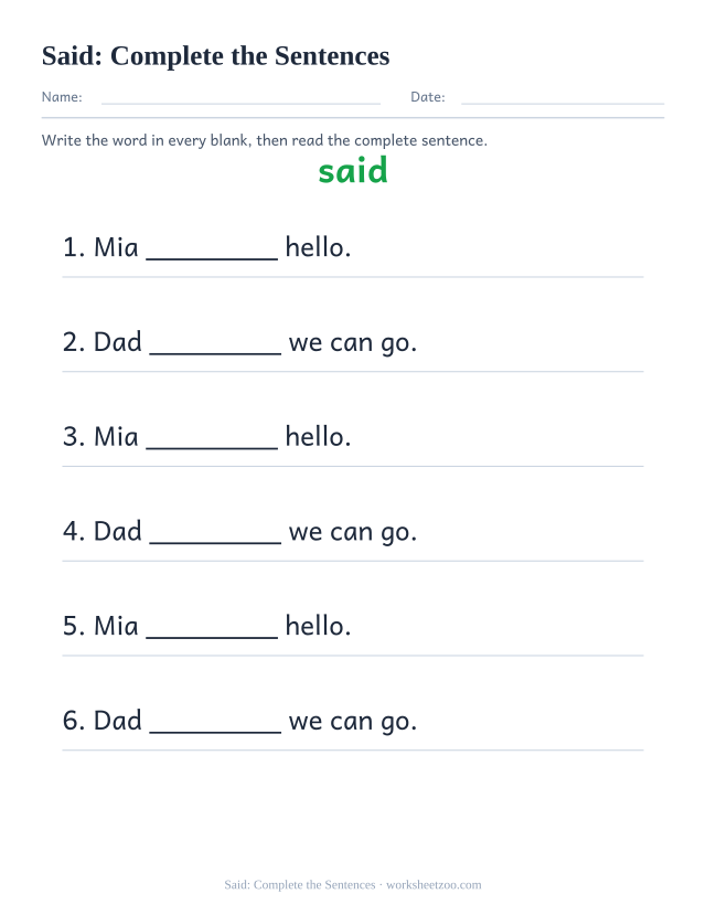 Sight word “said” worksheet, complete the sentences printable activity