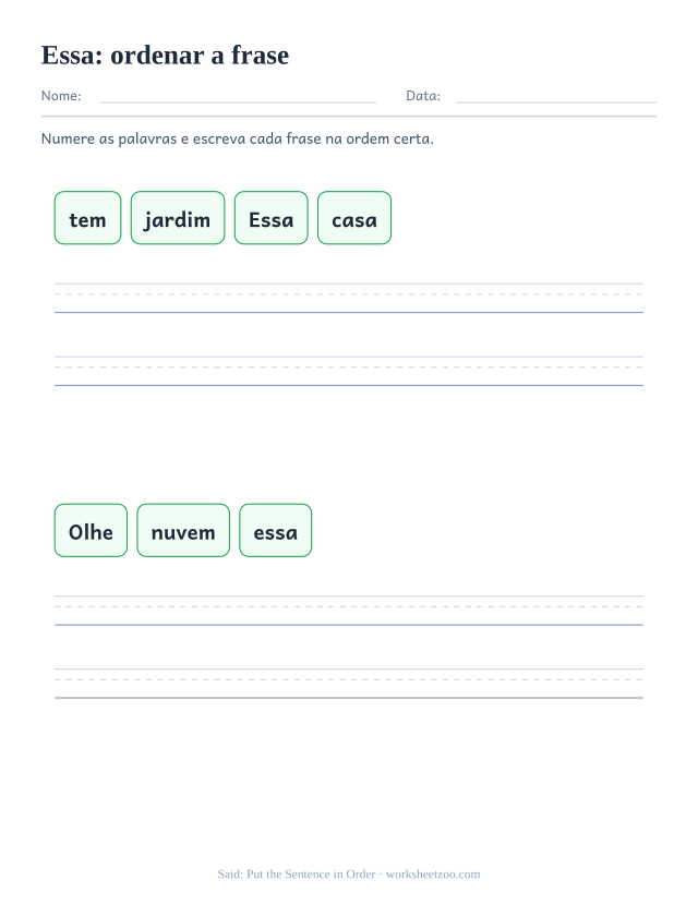 Prévia da palavra frequente “essa”, ordenar a frase