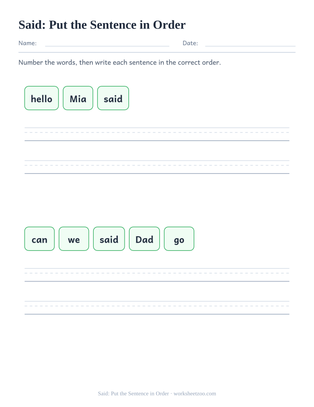 Sight word “said” worksheet, put the sentence in order printable activity