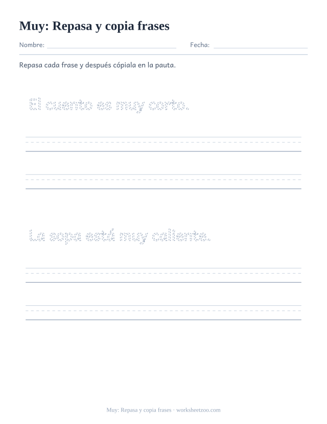 Ficha de la palabra frecuente «muy», repasa y copia frases para imprimir