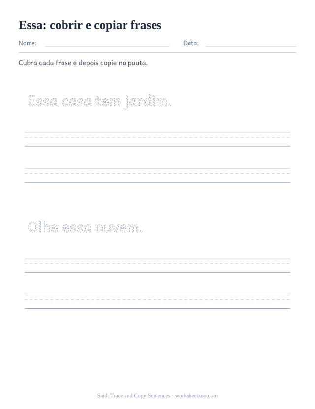 Prévia da palavra frequente “essa”, cobrir e copiar frases