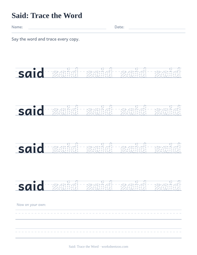 Sight word “said” worksheet, trace the word printable activity