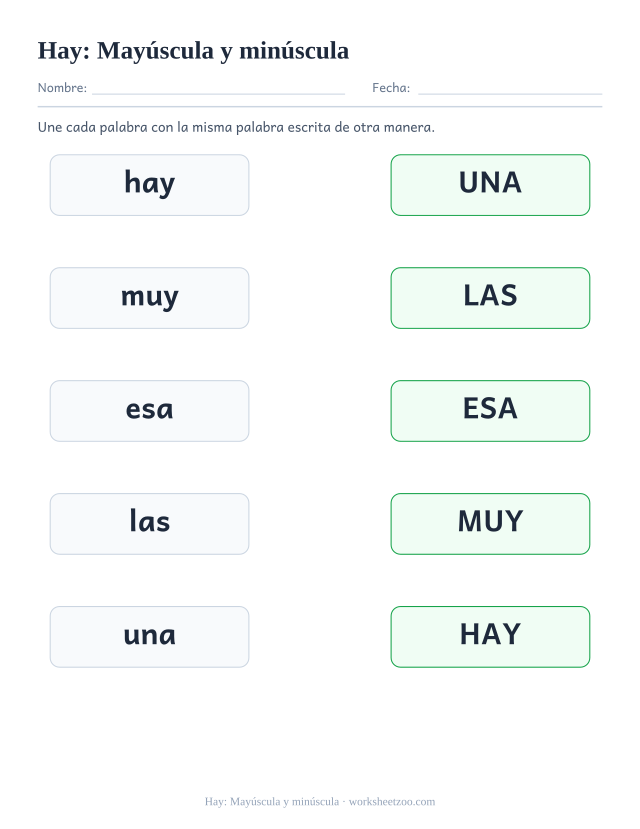 Ficha de la palabra frecuente «hay», mayúscula y minúscula para imprimir