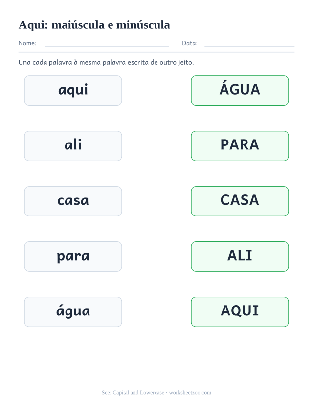 Prévia da palavra frequente “aqui”, maiúscula e minúscula