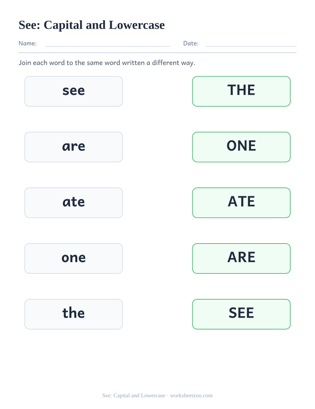 Sight word “see” worksheet, capital and lowercase printable activity