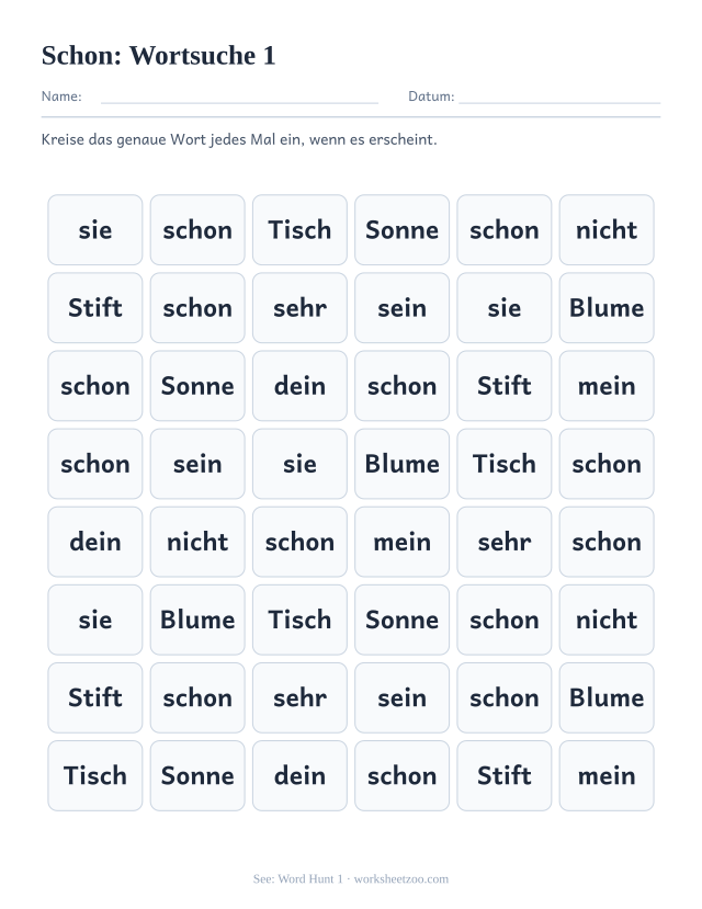 Vorschau: häufiges Wort „schon“, Wortsuche 1