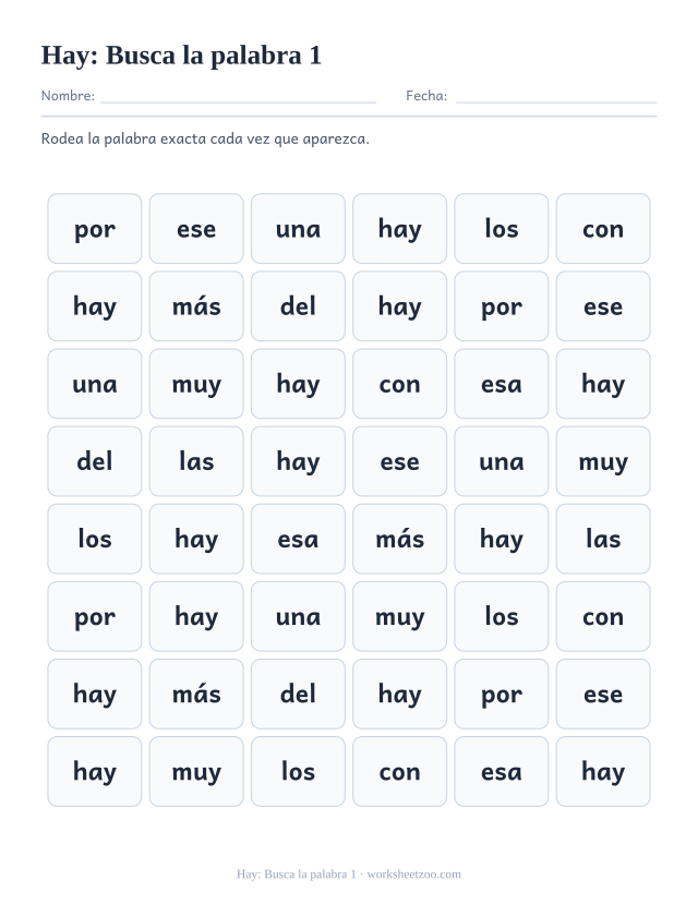 Ficha de la palabra frecuente «hay», busca la palabra 1 para imprimir