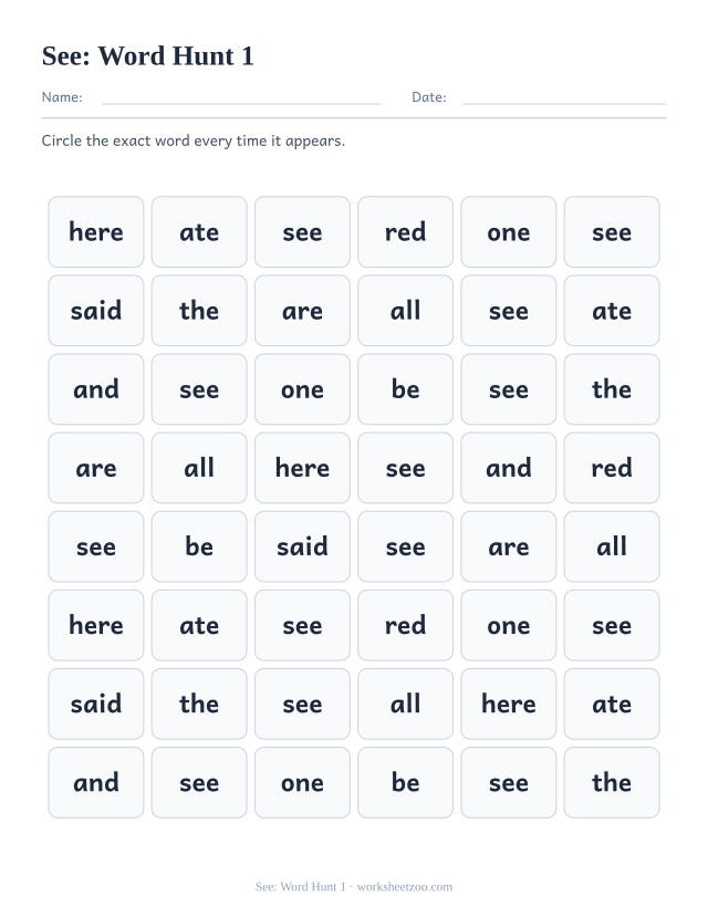 Sight word “see” worksheet, word hunt 1 printable activity