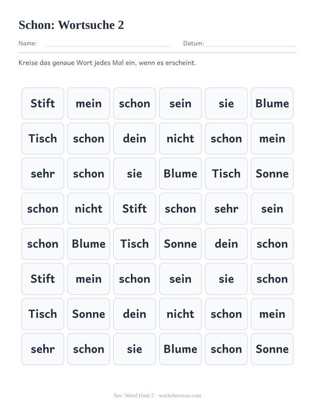Vorschau: häufiges Wort „schon“, Wortsuche 2