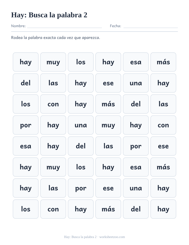 Ficha de la palabra frecuente «hay», busca la palabra 2 para imprimir