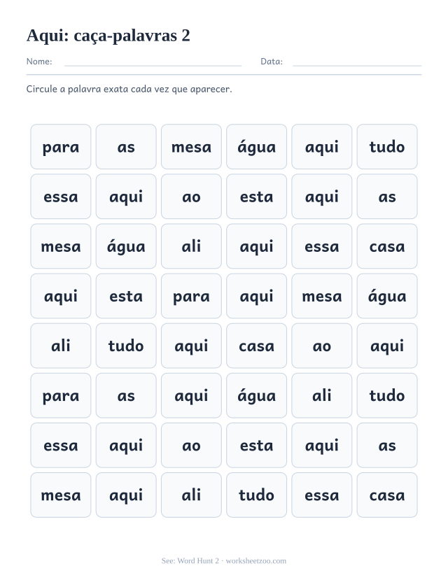 Prévia da palavra frequente “aqui”, caça-palavras 2