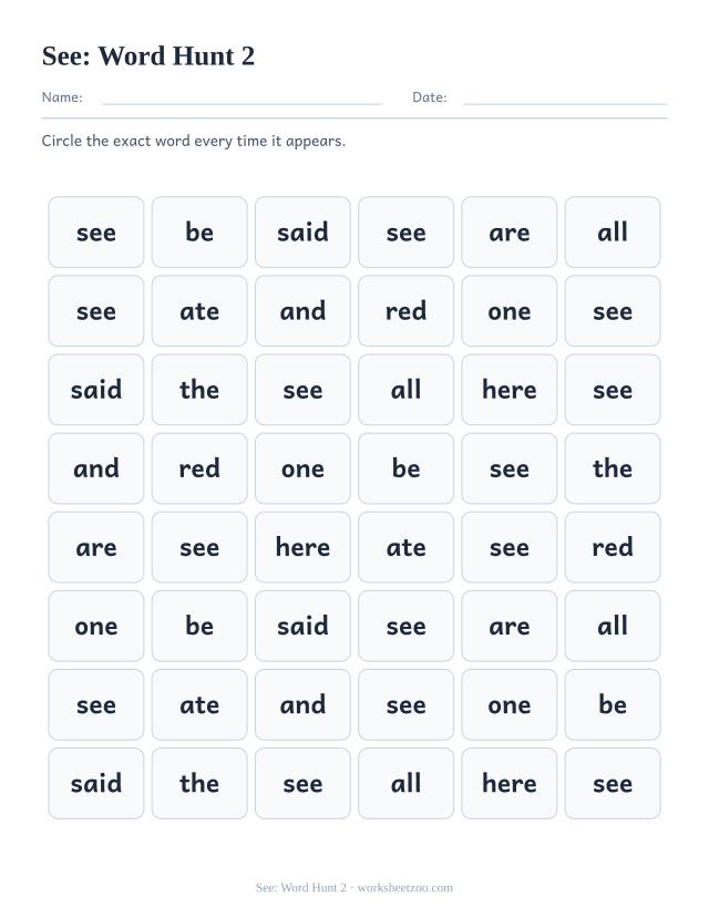 Sight word “see” worksheet, word hunt 2 printable activity