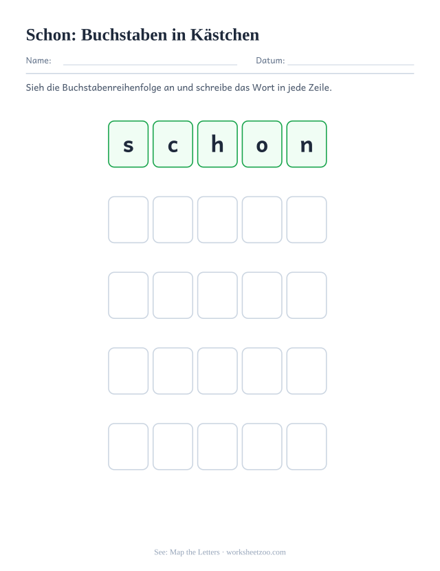 Vorschau: häufiges Wort „schon“, Buchstaben in Kästchen