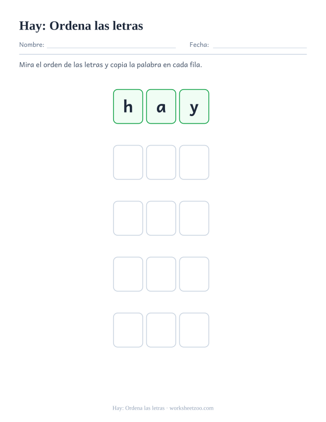 Ficha de la palabra frecuente «hay», ordena las letras para imprimir