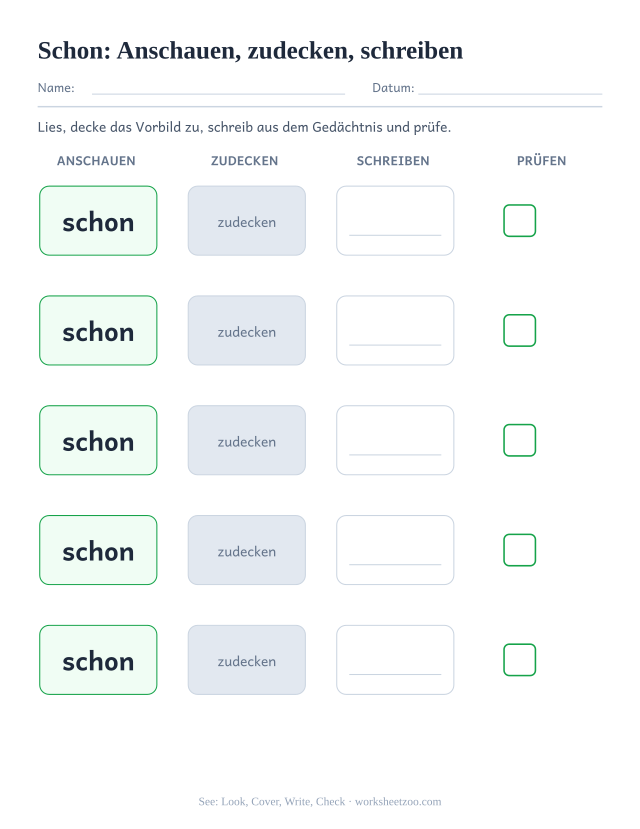 Vorschau: häufiges Wort „schon“, Anschauen, zudecken, schreiben
