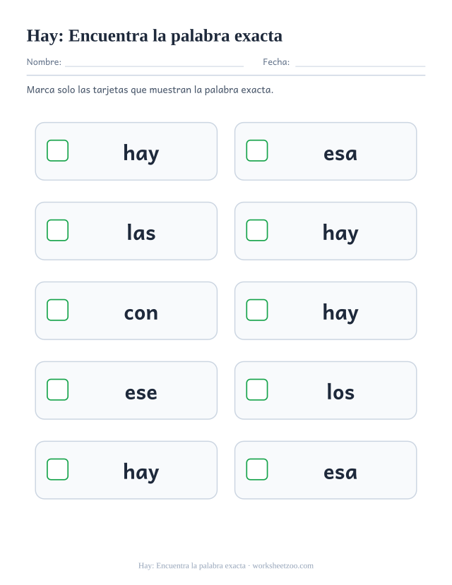 Ficha de la palabra frecuente «hay», encuentra la palabra exacta para imprimir