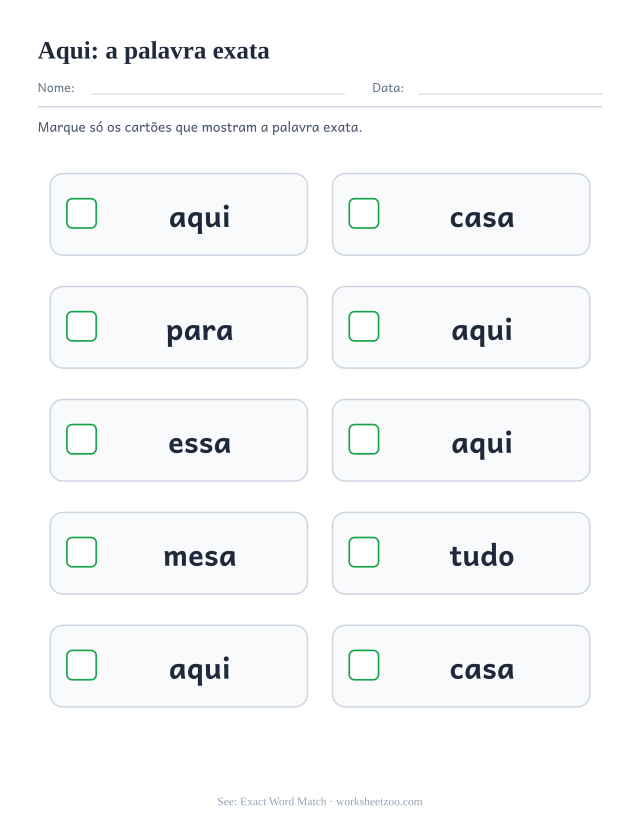 Prévia da palavra frequente “aqui”, a palavra exata
