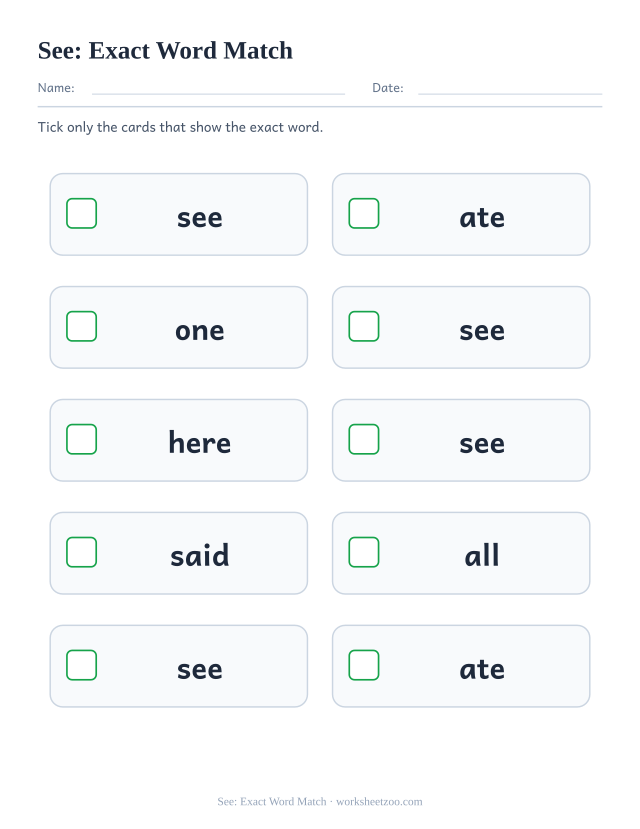 Sight word “see” worksheet, exact word match printable activity