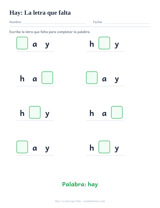 Ficha de la palabra frecuente «hay», la letra que falta para imprimir