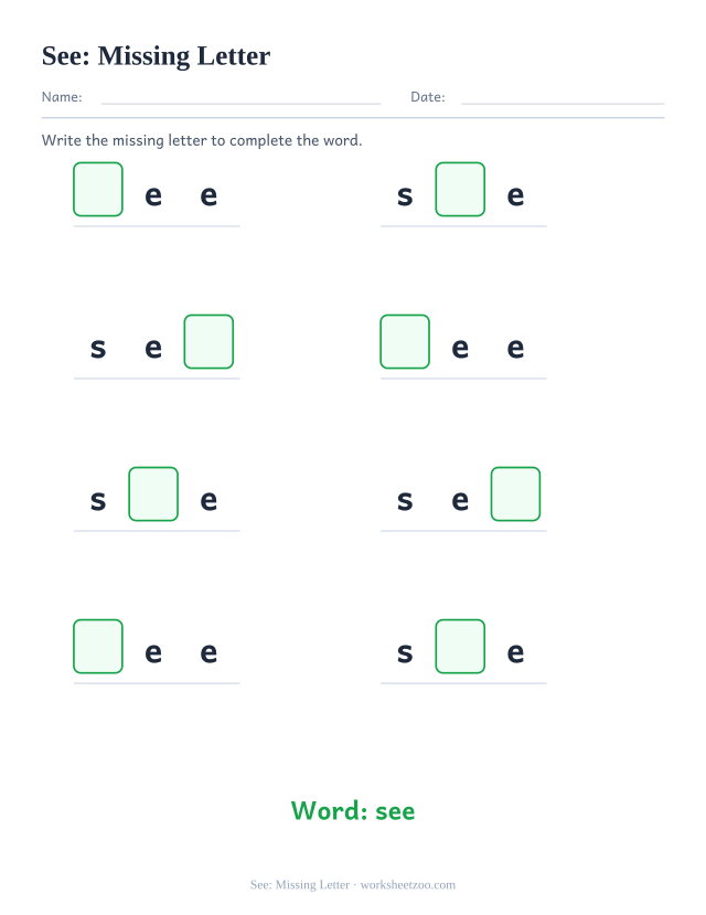 Sight word “see” worksheet, missing letter printable activity