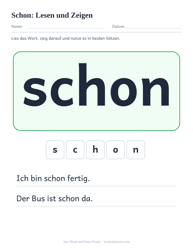 Vorschau: häufiges Wort „schon“, Lesen und Zeigen
