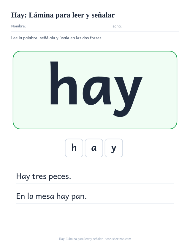 Ficha de la palabra frecuente «hay», lámina para leer y señalar para imprimir