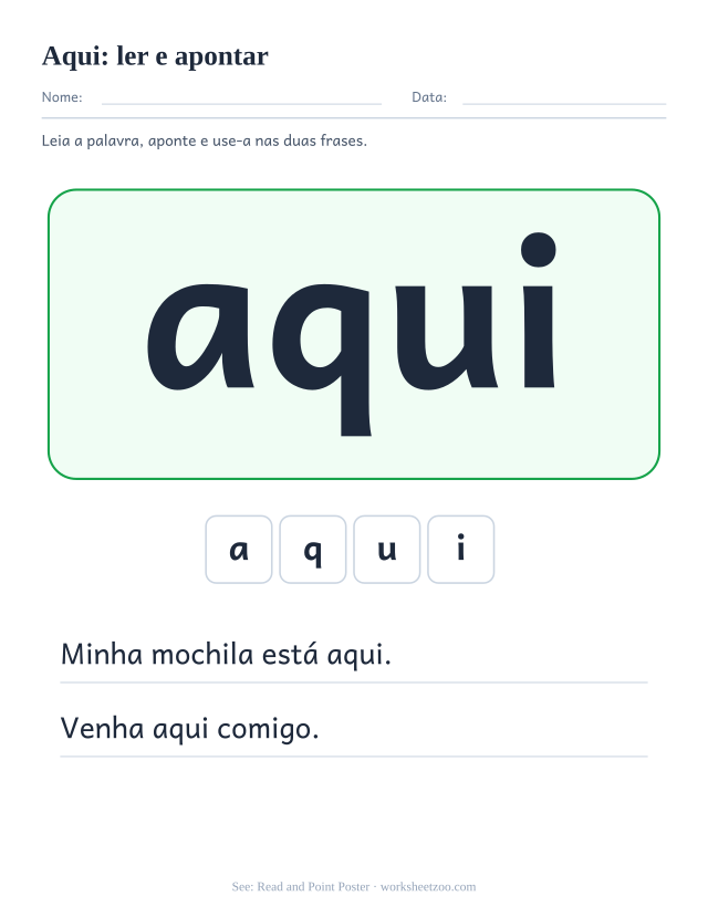 Prévia da palavra frequente “aqui”, ler e apontar