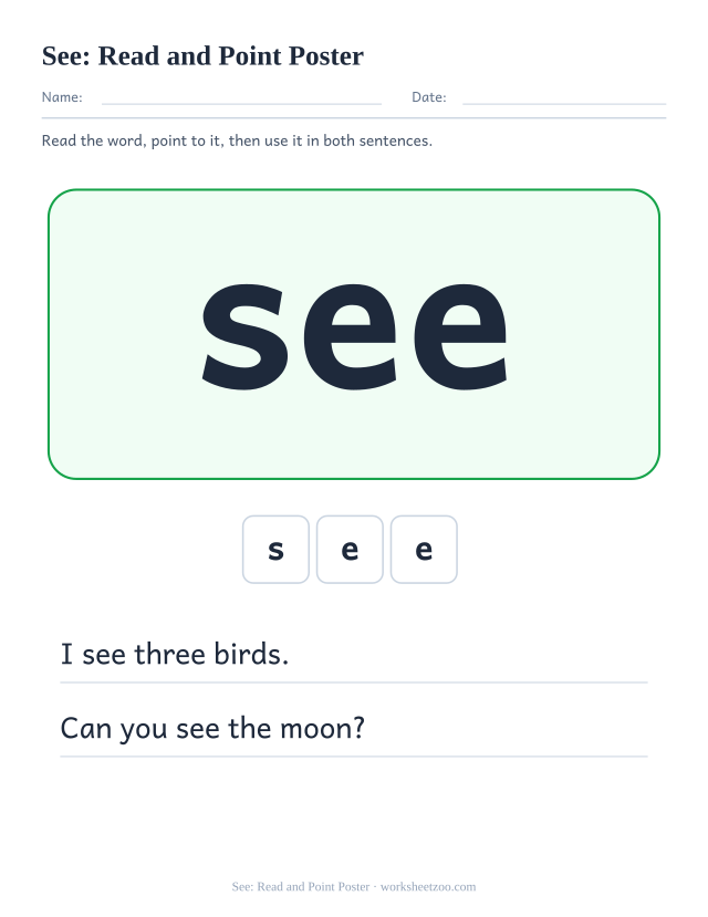 Sight word “see” worksheet, read and point poster printable activity